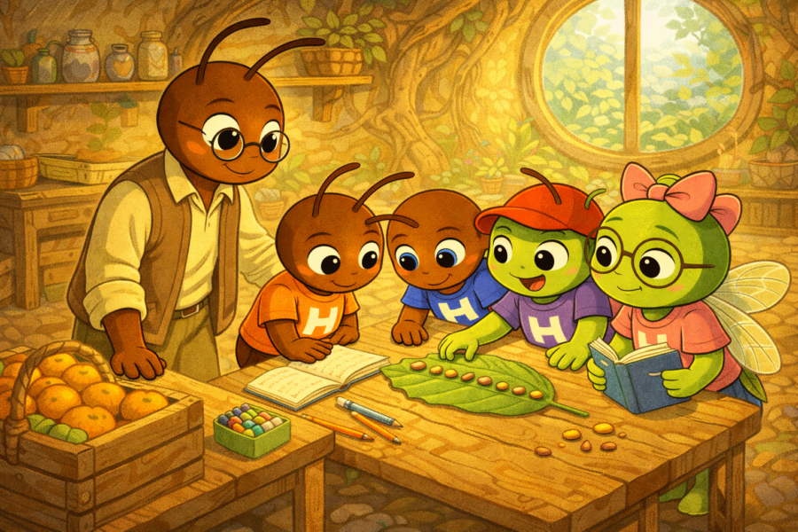 Ohm, Ori, Ciar y Cari en la clase de Gafas de Cristal aprendiendo a ayudarse en Hormitrópolis