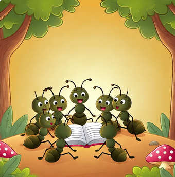  ilustración del grupo de hormigas sentadas juntas, discutiendo una historia en el bosque.