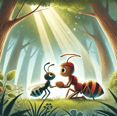  ilustración del líder hormiga valiente perdonando la vida de su enemigo en un claro del bosque.