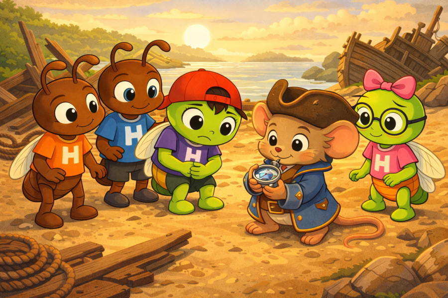 Ciar, Ohm, Ori, Cari y Bubbu en una isla del tesoro de Hormitrópolis