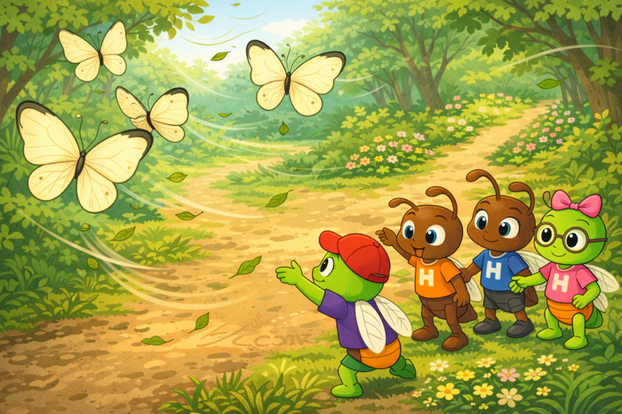 Ohm, Ori, Ciar y Cari guiando a unas grandes mariposas hacia un claro protegido en Hormitrópolis
