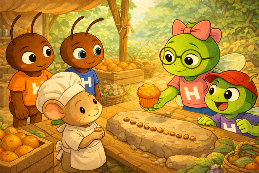 Cari, Ohm, Ori, Ciar y Claude junto a una magdalena de naranja en el mercado de Hormitrópolis