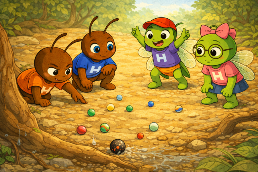 Ohm, Ori, Ciar y Cari jugando a las canicas en una explanada de Hormitrópolis