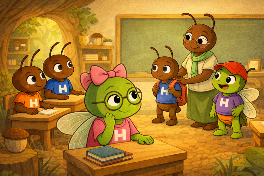 Cari y una nueva compañera en clase junto a Ohm, Ori y Ciar en la escuela de Hormitrópolis