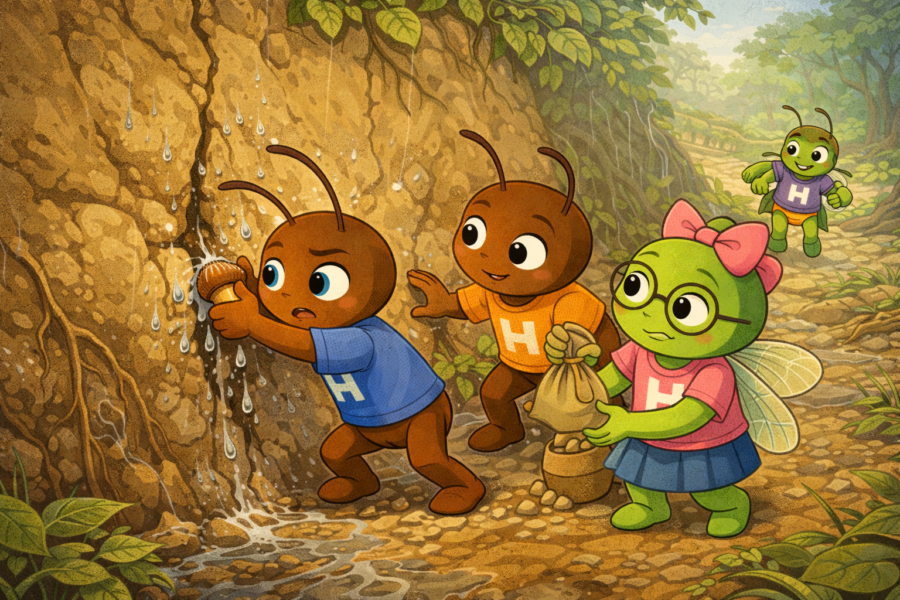Ori sujetando una grieta en el muro del Canal Alto junto a Ohm, Ciar y Cari en Hormitrópolis